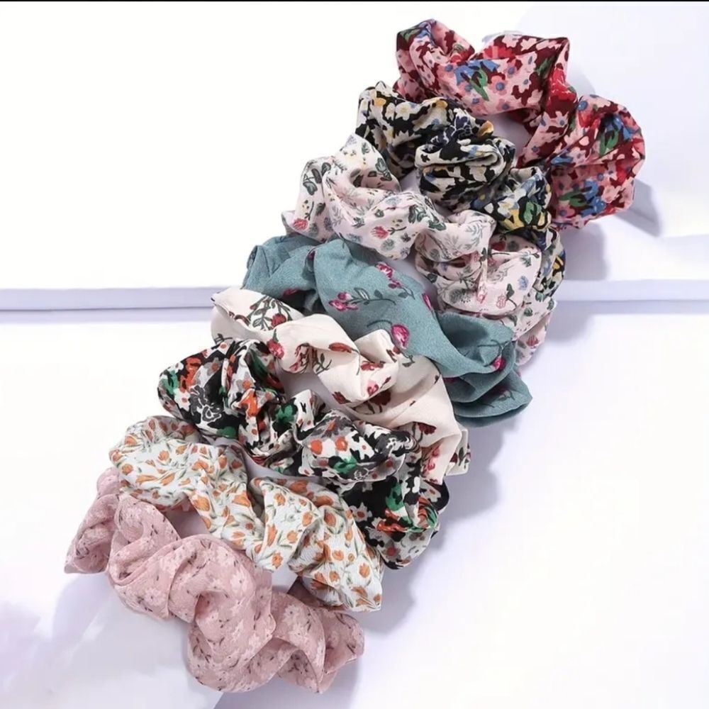 8 piece floral printed chiffon scrunchie bundle set